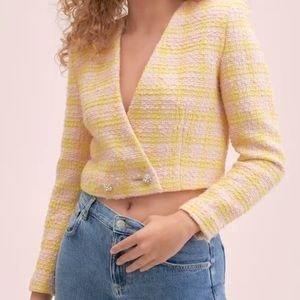 NWT MANGO Pink and Yellow Crop tweed jacket. Size M